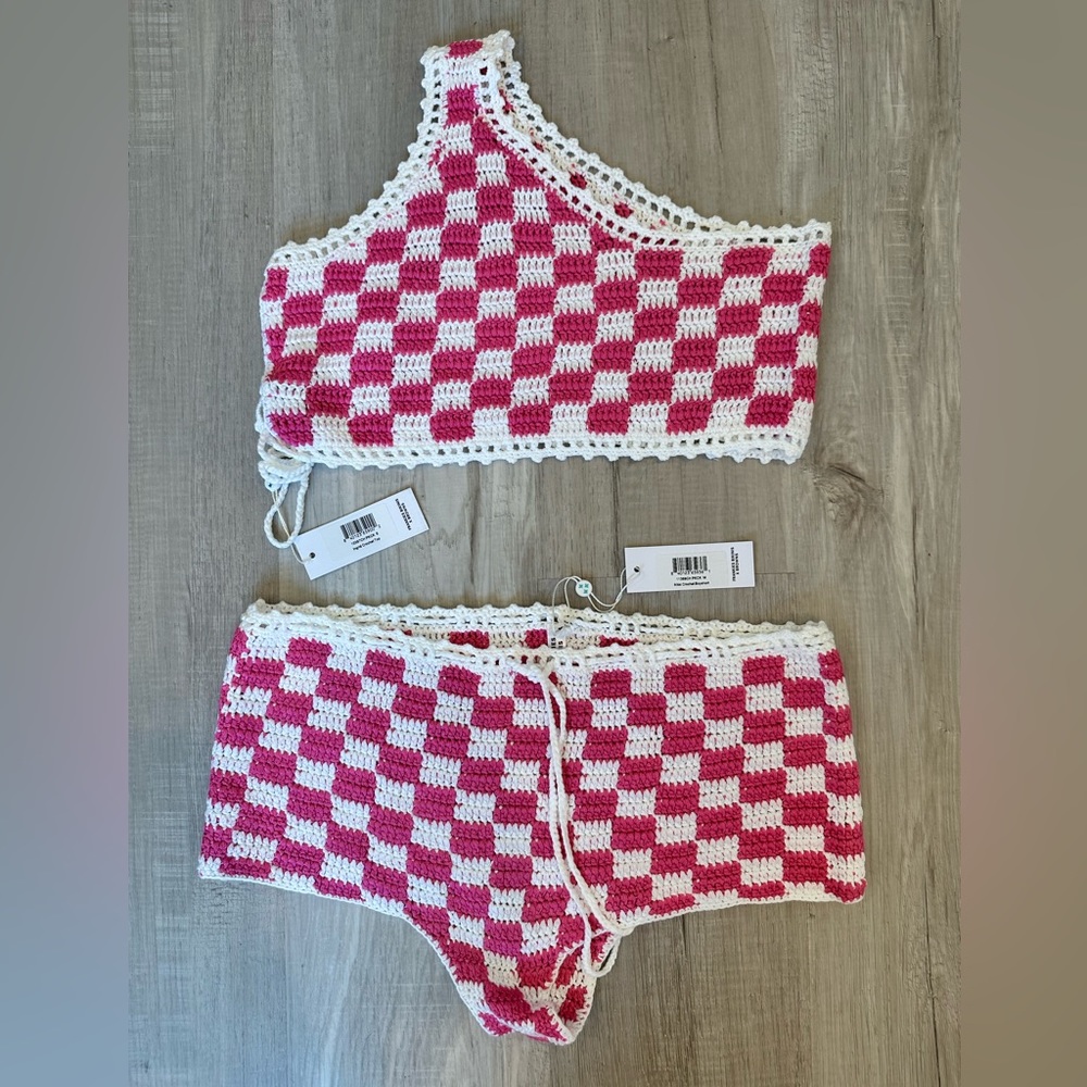 Pink & White Crotchet Frankie’s Bikinis Set